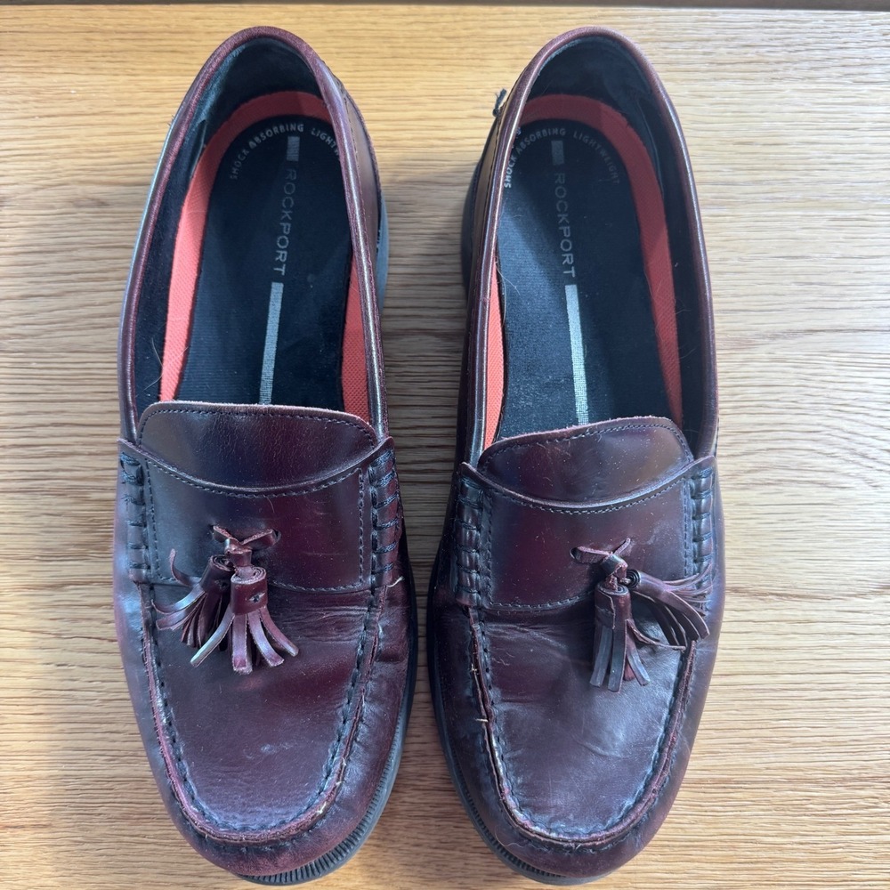 Rockport Mens Burgundy Leather Tassel Loafers Shock Absorbing Shoes Mens Size 10